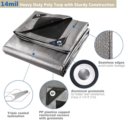 Yescom 12x20 Ft 14 Mil Heavy Duty Reinforced Poly Tarp Reversible Waterproof Tarpaulin Ground Sheet