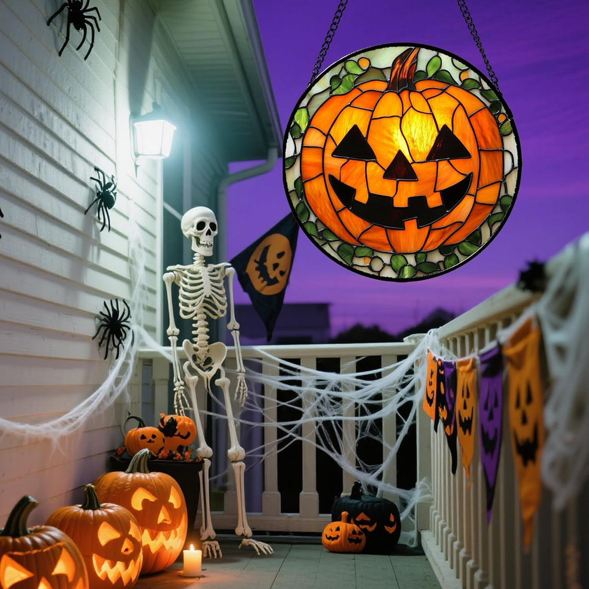 Stained Glass Window Hanging, Halloween Decorations Evil Pumpkin Suncatcher for Doors Garden Indoor