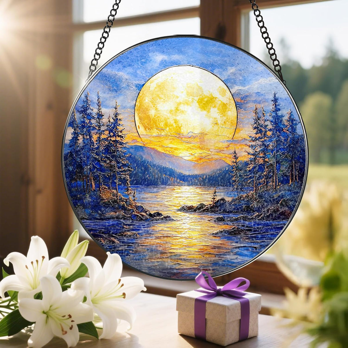 8'' Full Moon Over Forest Lake Suncatcher Ornament, Stained Glass Window Hanging, Sun Catchers for