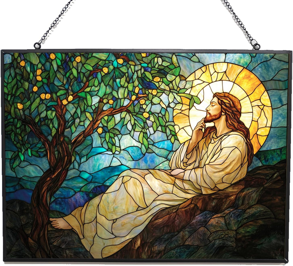 Customized Rectangle Art Nouveau Olive Tree Jesus Prayer Stained Glass Suncatcher Window Hangings