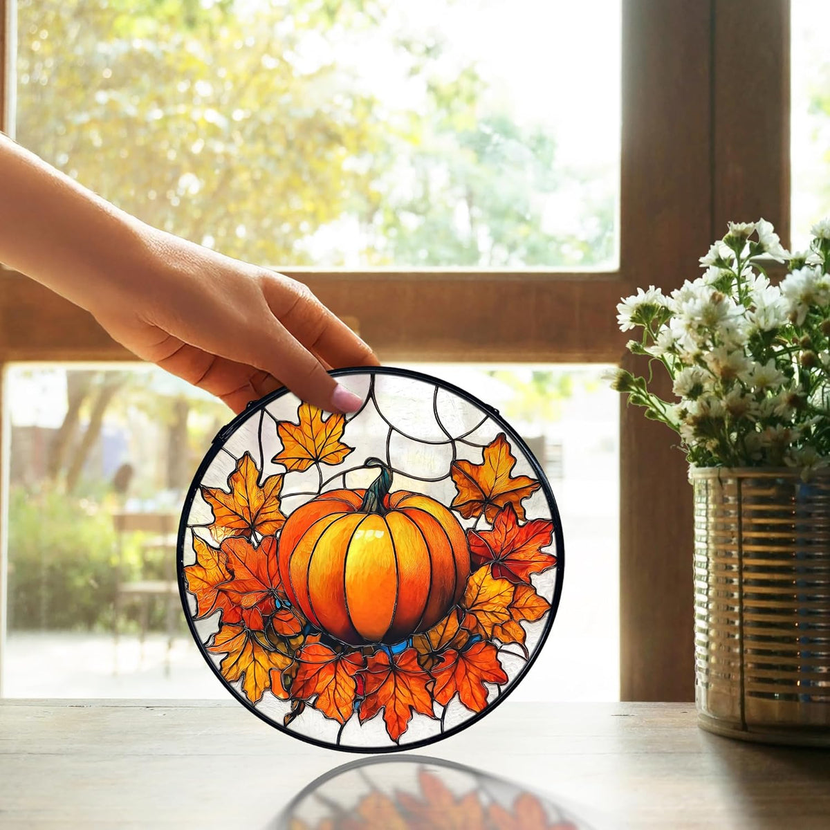 TNUW Fall Pumpkin Stained Glass Window Hanging, Farmhouse Autumn Pumpkin Maple Leaf Sun Catchers