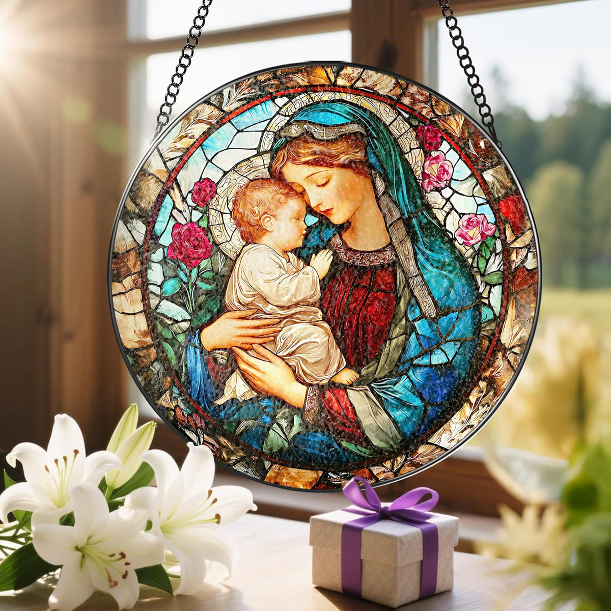 8 Inch Virgin Mary Stained Glass Suncatcher, Stained Glass Window Hanging, Christian Window Hanging