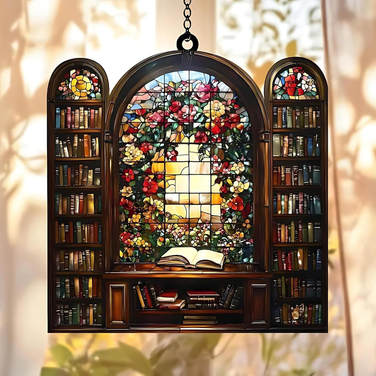 Flower Library Bookish Acrylic Suncatcher Stained Glass Effect Window Car Hanging Christmas