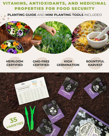 35 Tactiko Edible Flower & Herb Seeds Kit Variety - USA Grown Heirloom Non-GMO Open-Pollinated