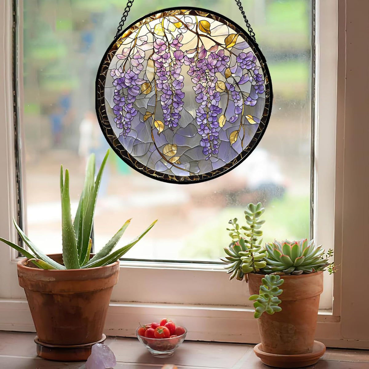 Stained Glass Window Hanging - Wisteria Flower Golden Leaves Sun Catcher for Door Home Decor Plant