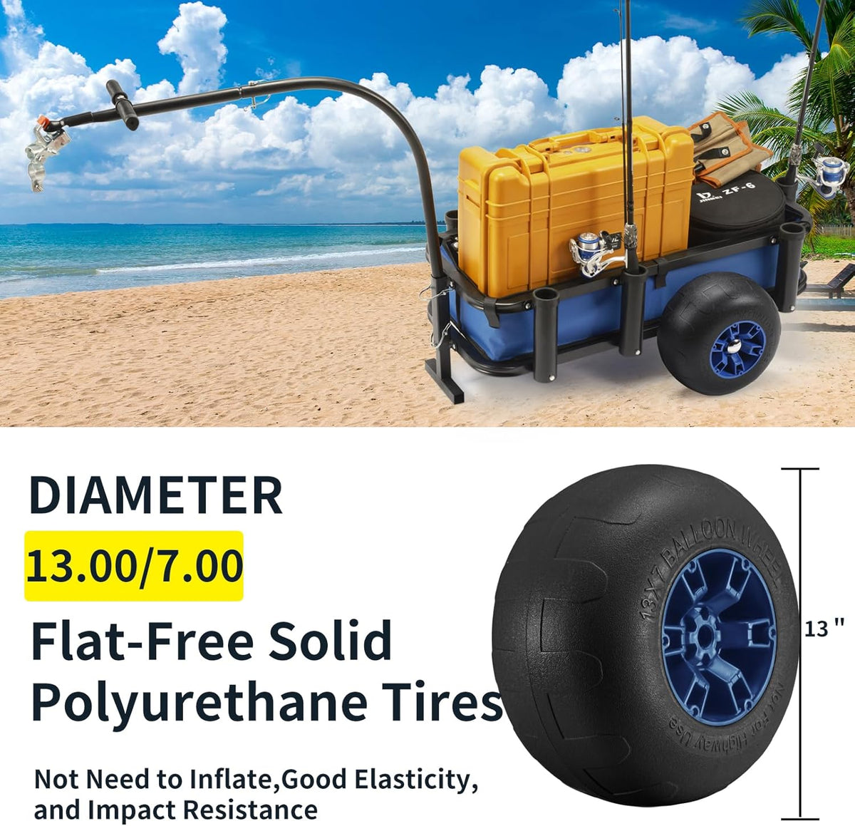 Beach Fishing Cart, 13" Big Wheels Black PU Solid Balloon Tires for Sand, Fishing Wagon Cart Large