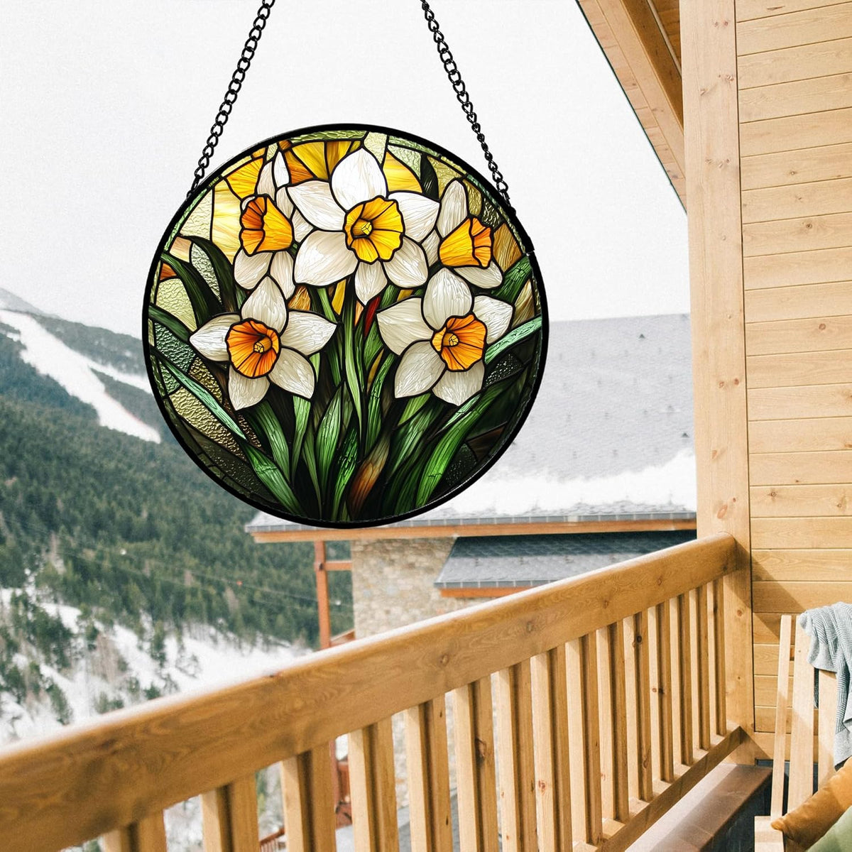 Stained Glass Window Hanging, Yellow and White Daffodils Sun Catcher for Door Home Decor Plants