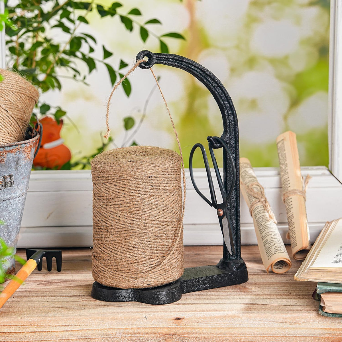 Sungmor Cast Iron Garden Twine Holder Set - 1300ft. Natural Jute Twine String & Rope Rack &