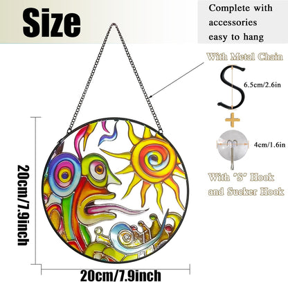 Artistic Sunrise Suncatcher Stained Glass Window Hanging, 7.9'' Abstract Sun Face Suncatchers