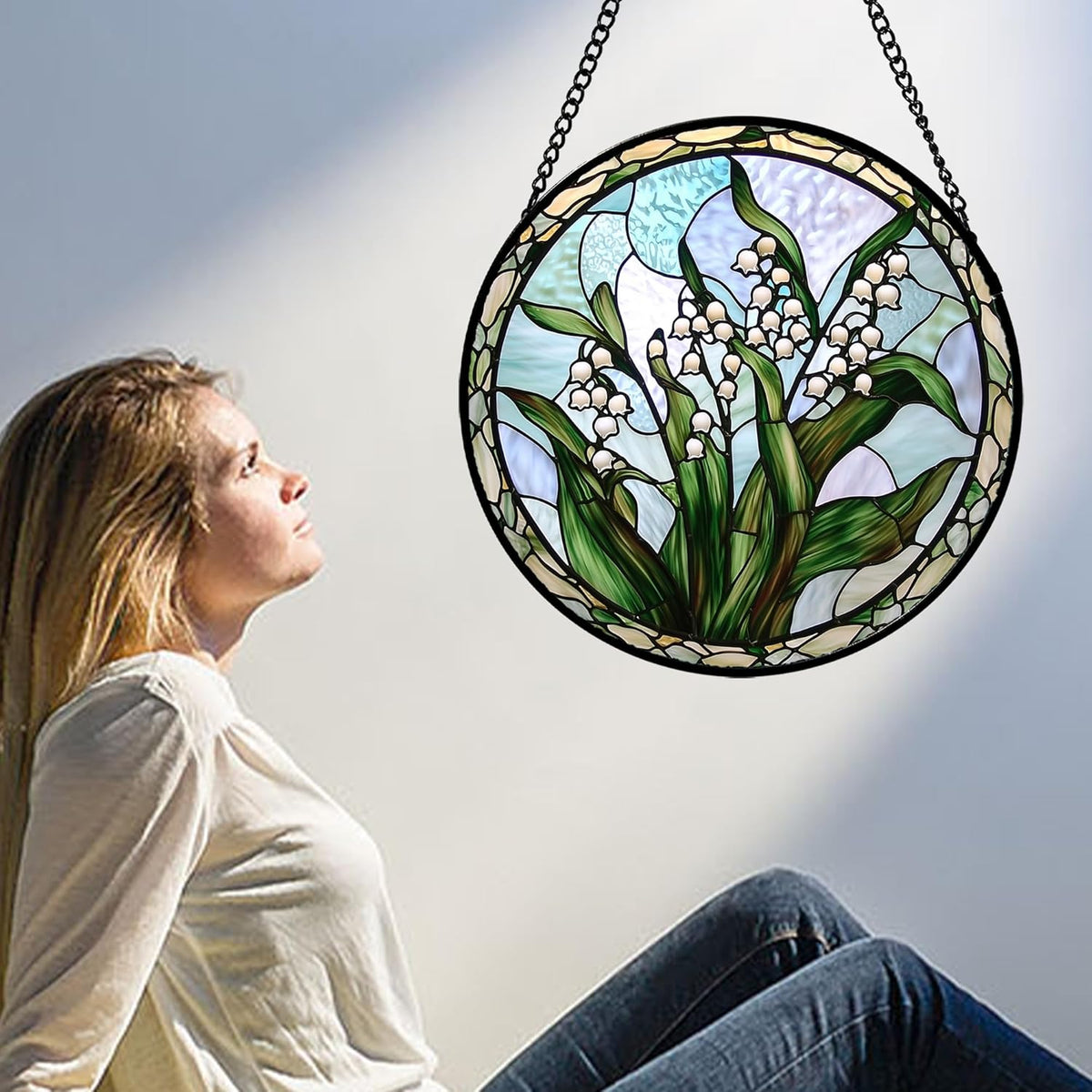 Stained Glass Window Hanging, White Green Lily of The Walley Flowers Sun Catcher for Door Home