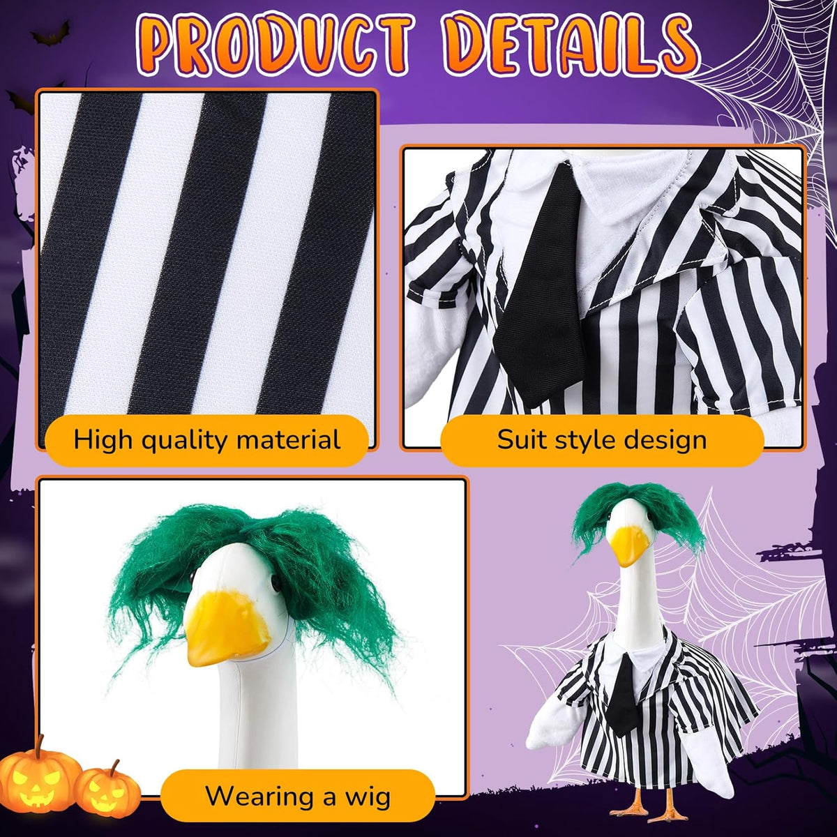 Halloween Porch Goose Outfits Black and White Striped Suit and Wig Movie Clothes for 23 Inch Cement