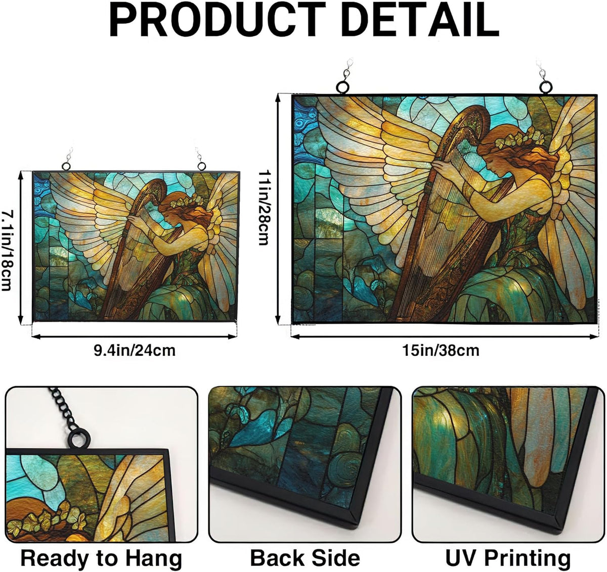 Customized Rectangle Art Nouveau Harp Angel Stained Glass Suncatcher Window Hangings, Stained Glass