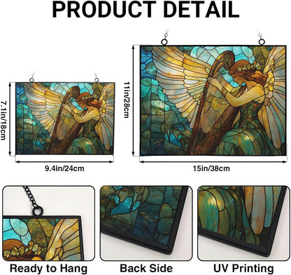 Customized Rectangle Art Nouveau Harp Angel Stained Glass Suncatcher Window Hangings, Stained Glass