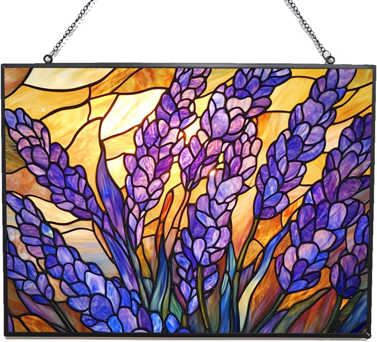 Rectangle Art Nouveau Morning Lavender Stained Glass Suncatcher Window Hangings, Suncatchers