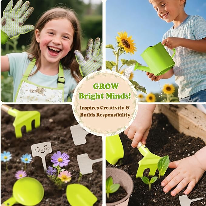 Kids Gardening Tool Set 18PCS Kids Toddler Gardening Set Includes Tote Bag Watering Can Apron Hat