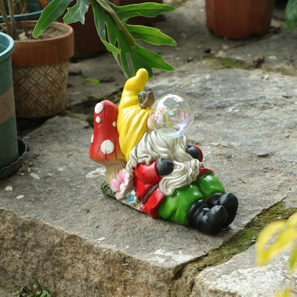 Garden Gnome Statue Outdoor Decor, Funny Gnome Figurine Lying on Mushroom with Crackle Globe