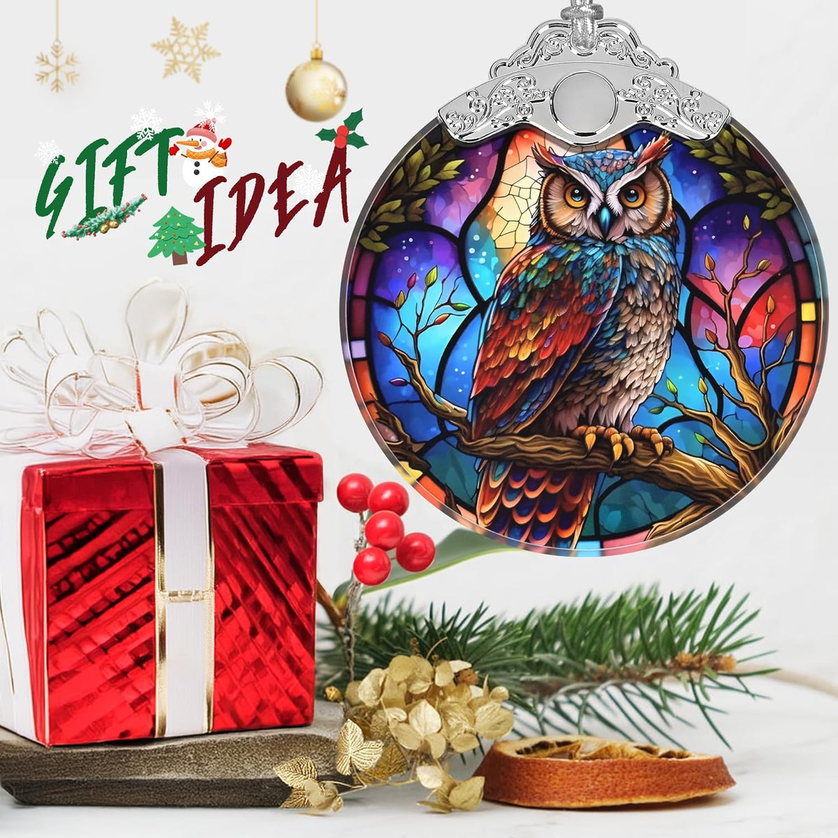 Stained Glass Suncatcher Ornament - Owl Christmas Decorations - Christmas Ornaments for Tree