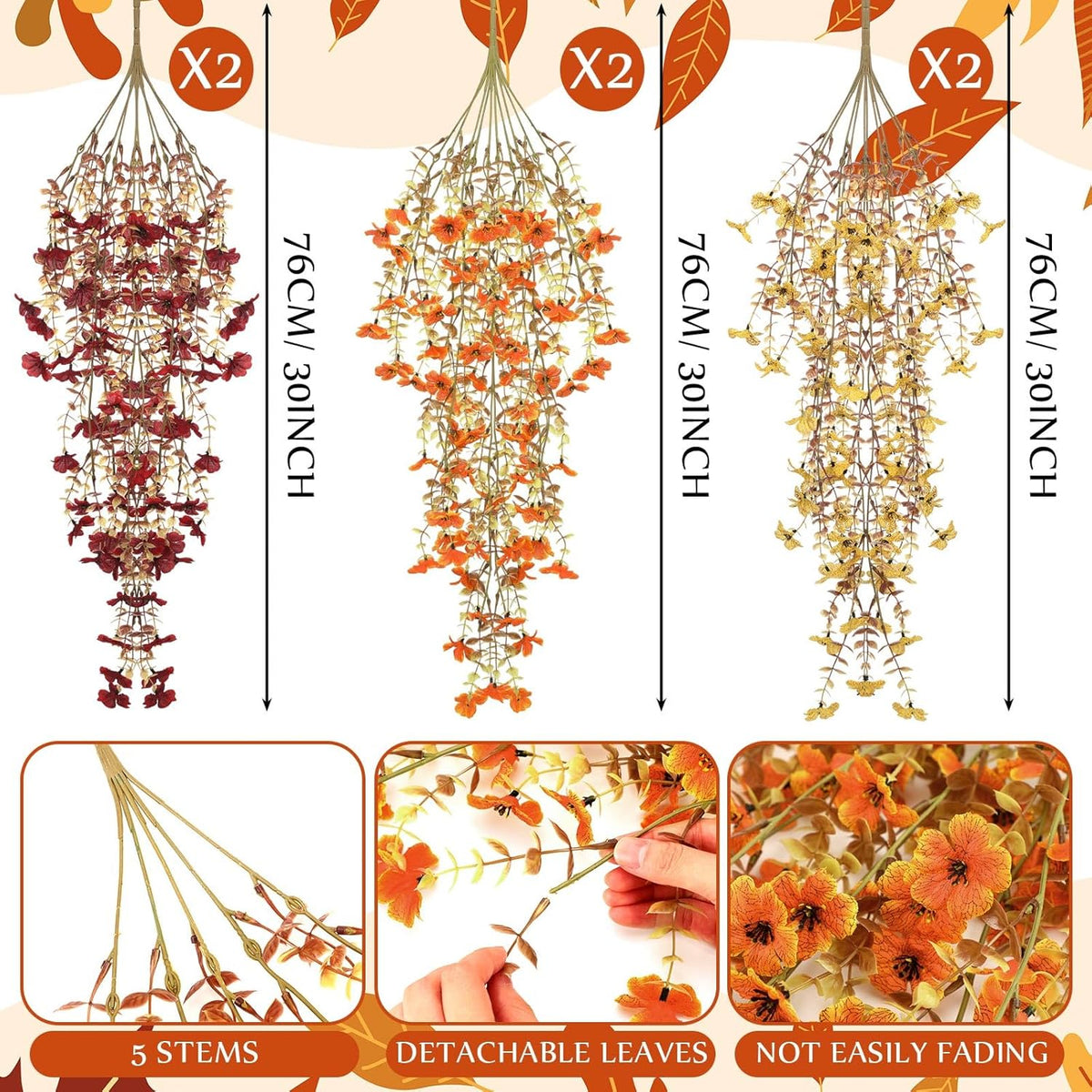 6 Pcs Artificial Fall Hanging Flowers Outdoor Silk Mum Plants Autumn Decor Faux Violet with