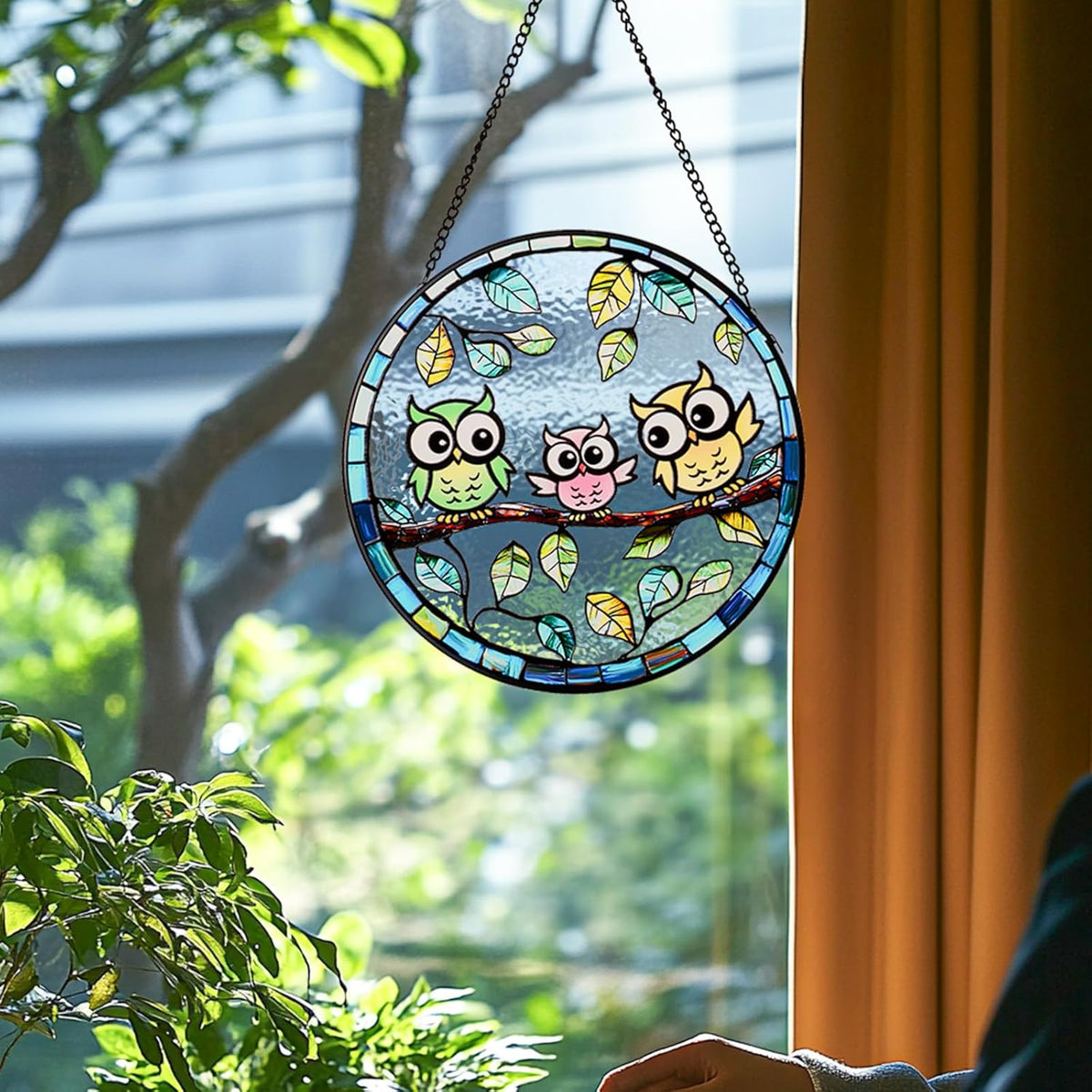 7.87” Owl Stained Glass Suncatcher - Hand-Painted Colorful Owls on Tree Window Hanging with Metal