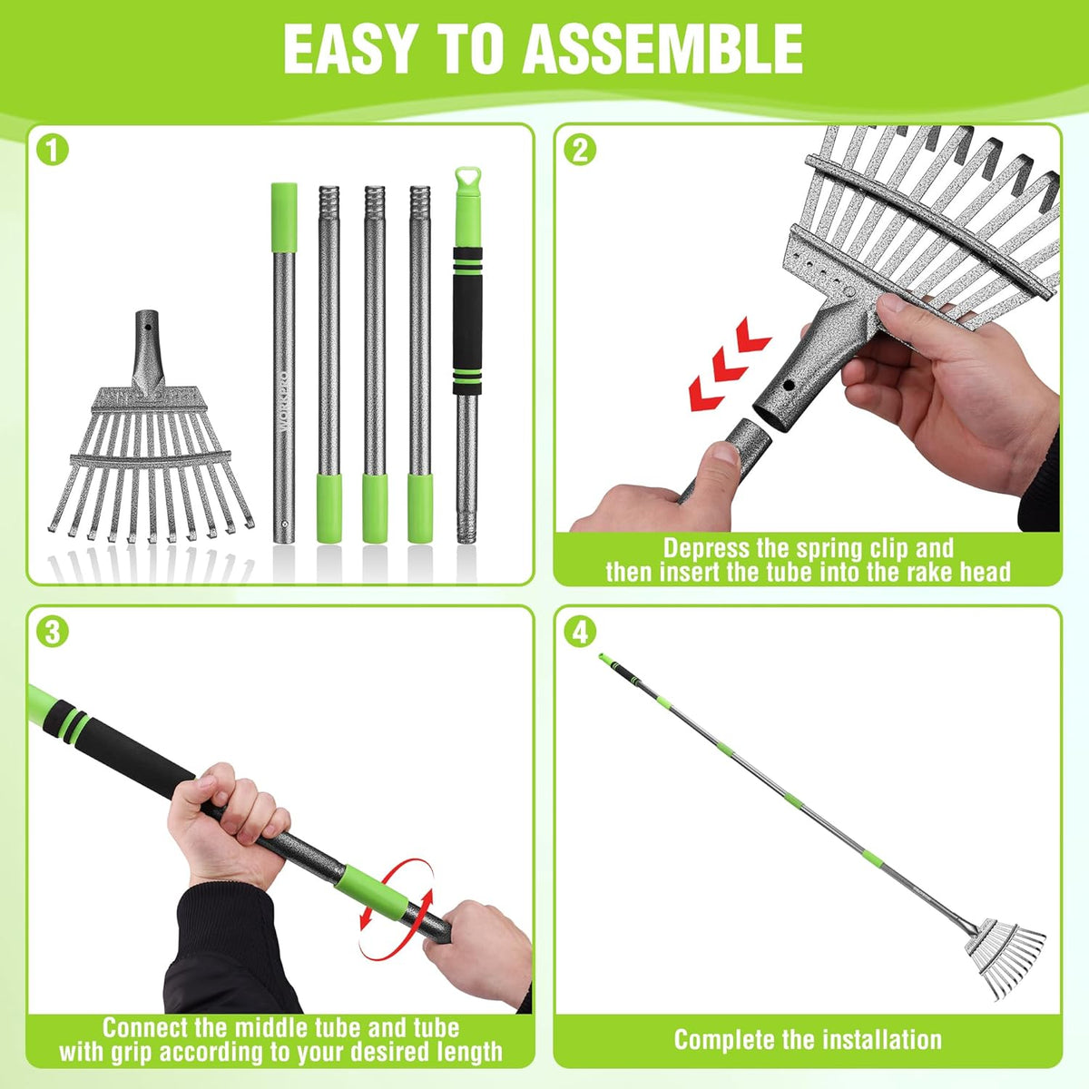 WORKPRO Rake, Small Rake for Leaves with 72” Adjustable Long Handle, 11 Steel Tines, Heavy Duty
