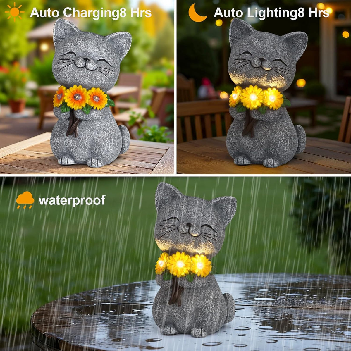 Solar Garden Statues Cat with Daisy and LED Lights Birthday Gifts for Women Mom Grandma Solar
