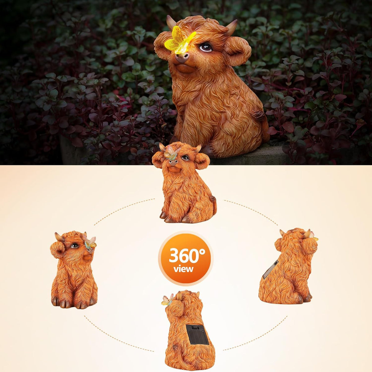 Highland Cow Solar Powered Outdoor Garden Statue, Resin Highland Cow Statue with Solar Light