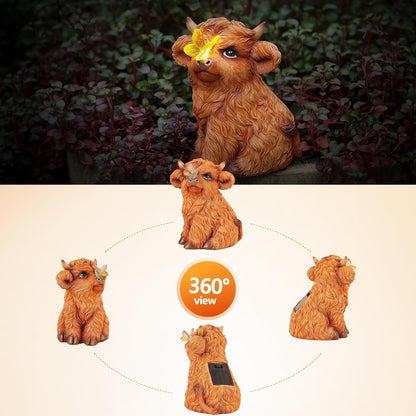 Highland Cow Solar Powered Outdoor Garden Statue, Resin Highland Cow Statue with Solar Light