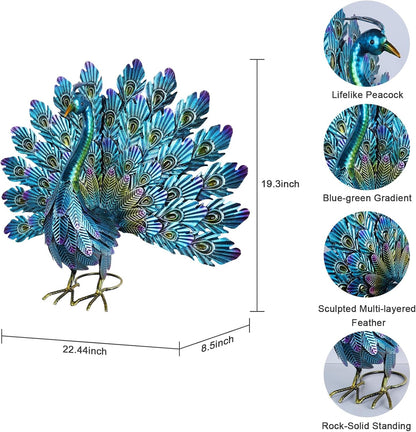 YEAHOME Garden Decor Outdoor Statues, 22.4" Large Metal Peacock Standing Yard Art, Blue Green Bird