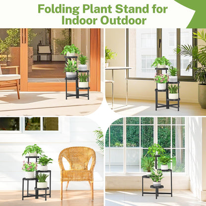iDavosic.ly 4 Tier Folding Plant Stand Indoor Outdoor with Plastic Tray, Tiered Corner Flower