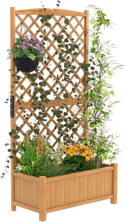 S AFSTAR Raised Garden Bed with Trellis, Indoor & Outdoor Wood Elevated Plant Container with