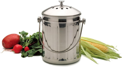 RSVP International Kitchen Collection Compost Pail, Dishwasher Safe, 1 Gallon Capacity, Stainless