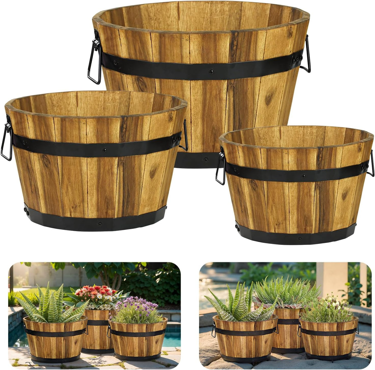 IDZO Set of 3 Wooden Flower Planters for Outdoor Plants, Acacia Wood Barrel Planters, Ergonomic