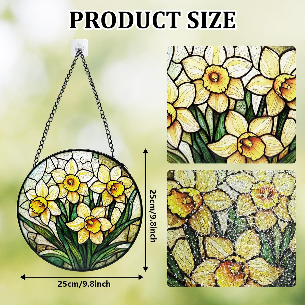 Stained Glass Window Hanging, Daffodil Flower Diamond Glass Panel Suncatcher Plant Sun Catchers for