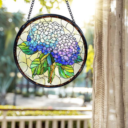 kdqua Hydrangea Flower Suncatcher Stained Glass Window Hanging, Blue Hydrangea Sun Catchers Indoor