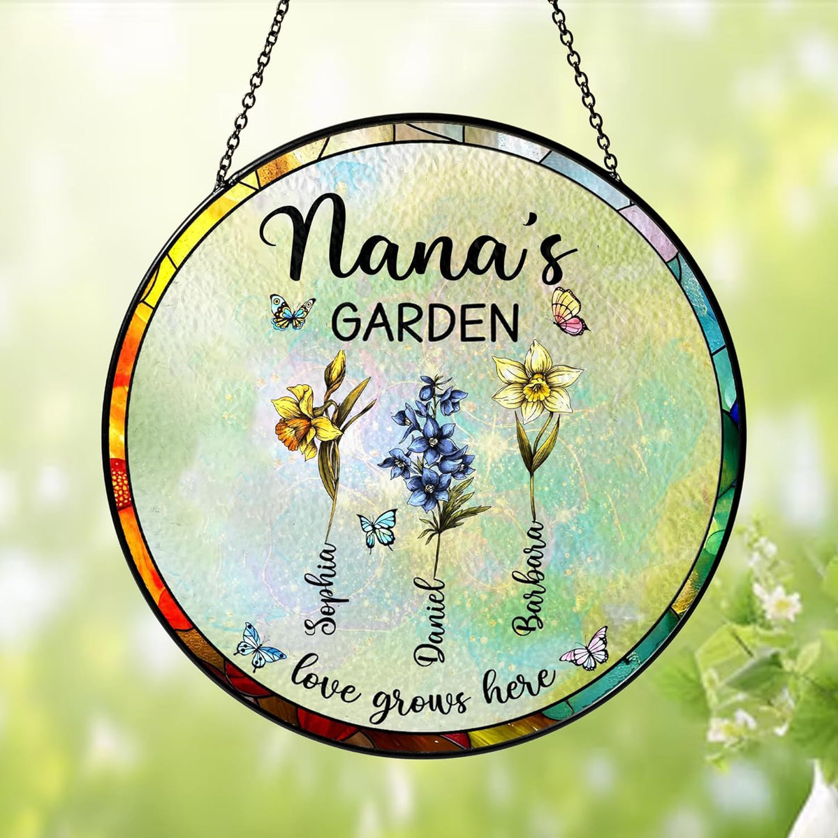 NAZENTI Personalized Grandma's Garden Stained Glass Suncatcher with Birth Month Flowers, Custom