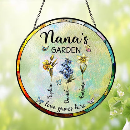 NAZENTI Personalized Grandma's Garden Stained Glass Suncatcher with Birth Month Flowers, Custom