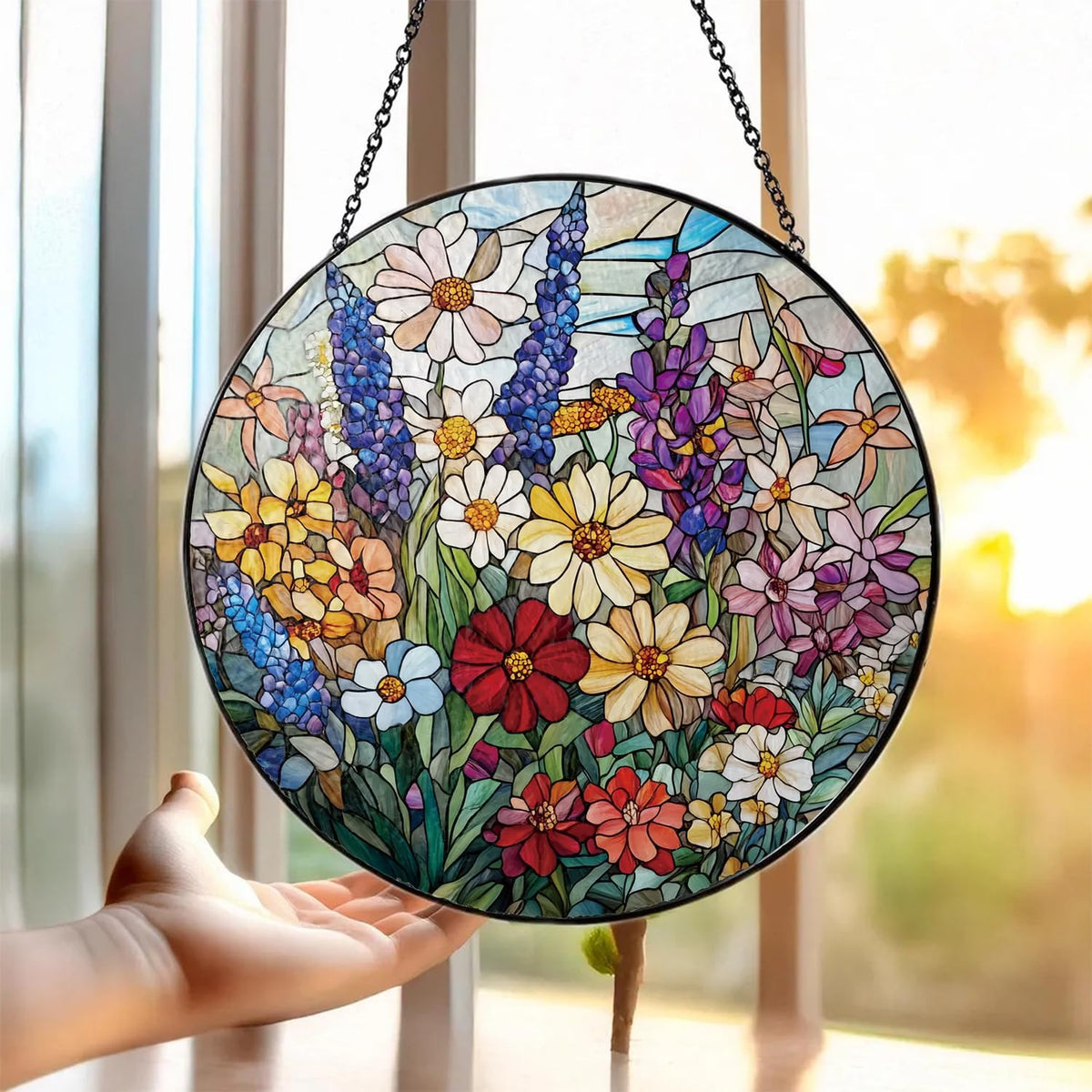 Colorful Wildflowers Suncatcher -7.9 in Stained Glass Window Hanging Sun Catcher Garden Decor