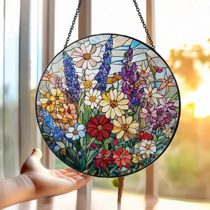 Colorful Wildflowers Suncatcher -7.9 in Stained Glass Window Hanging Sun Catcher Garden Decor