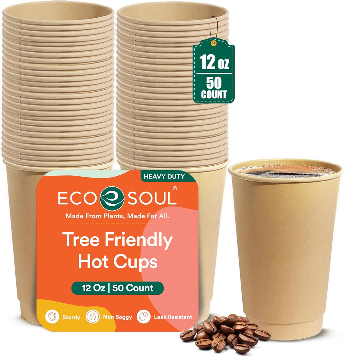 ECO SOUL 100% Compostable Plant-Based 12oz Hot Cups | (50 Count, 12 oz Hot Cups) | Disposable