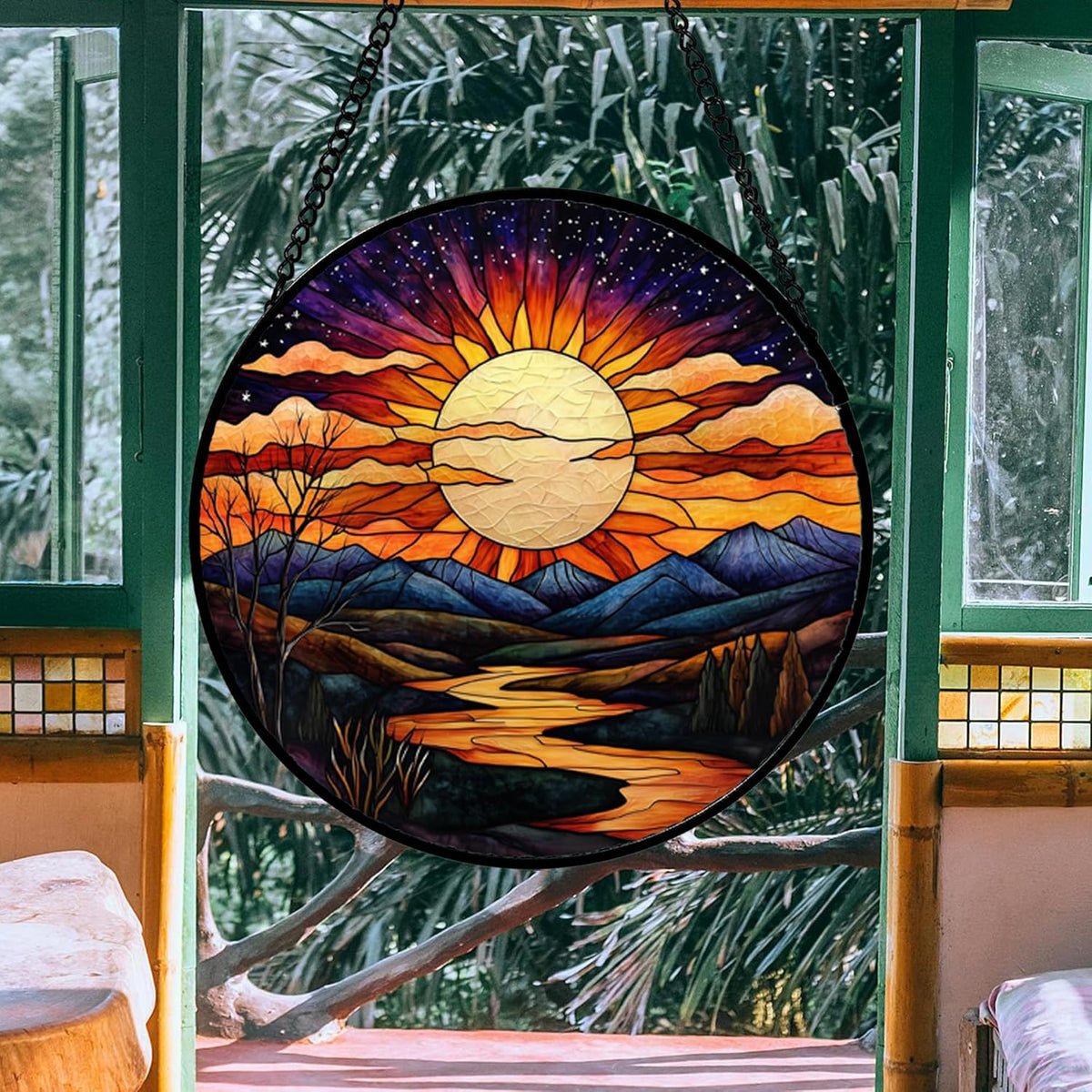 Stained Glass Window Hanging, The Sun Shines Brightly on Lake Sun Catchers Colorful Glass Panel