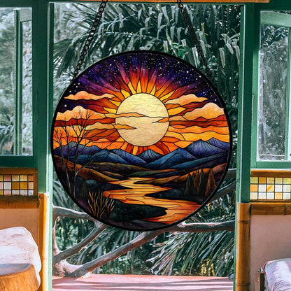 Stained Glass Window Hanging, The Sun Shines Brightly on Lake Sun Catchers Colorful Glass Panel