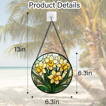 Stained Glass Window Hanging, Daffodil Plant Flowers Sun Catchers Diamond Glass Panel Hangings
