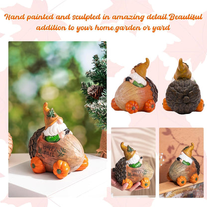 Topadorn Fall Gnome Statue Pine Cone Car with Pumpkin Wheel, Autumn Harvest Gnome Resin Figurine
