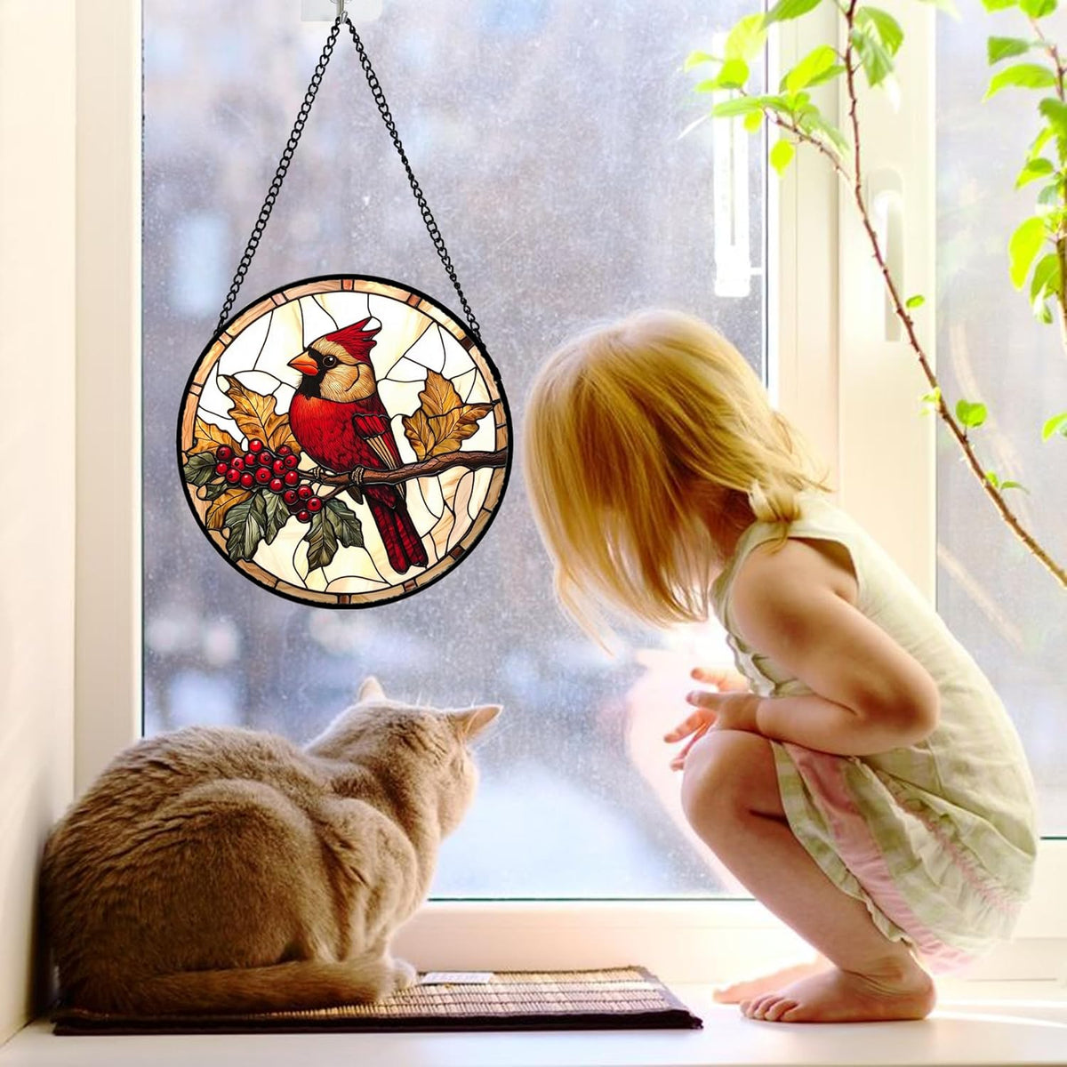 Stained Glass Window Hanging, Birds on a Branch Cardinal Sun Catchers Diamond Glass Panel Hangings