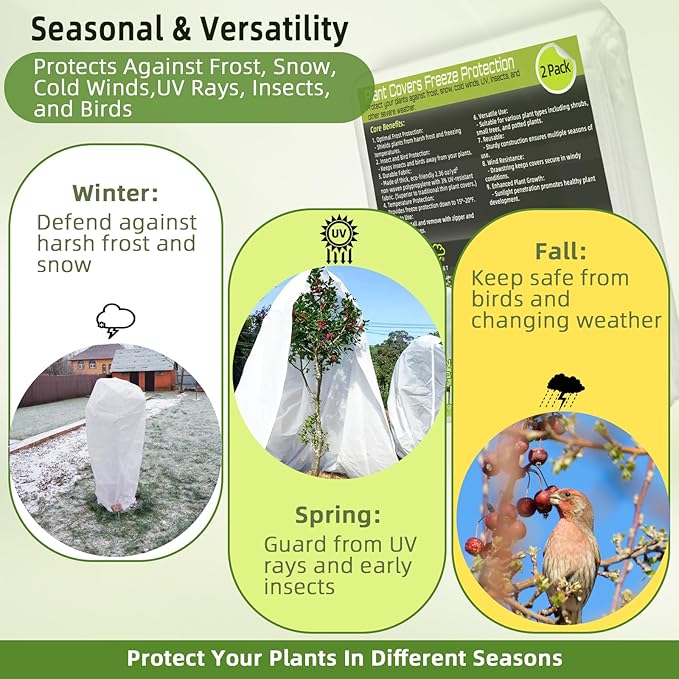2 Pack Plant Covers Freeze Protection, 40"W x 45"H Winter Frost Blanket 2.36 oz/yd² Fabric Frost