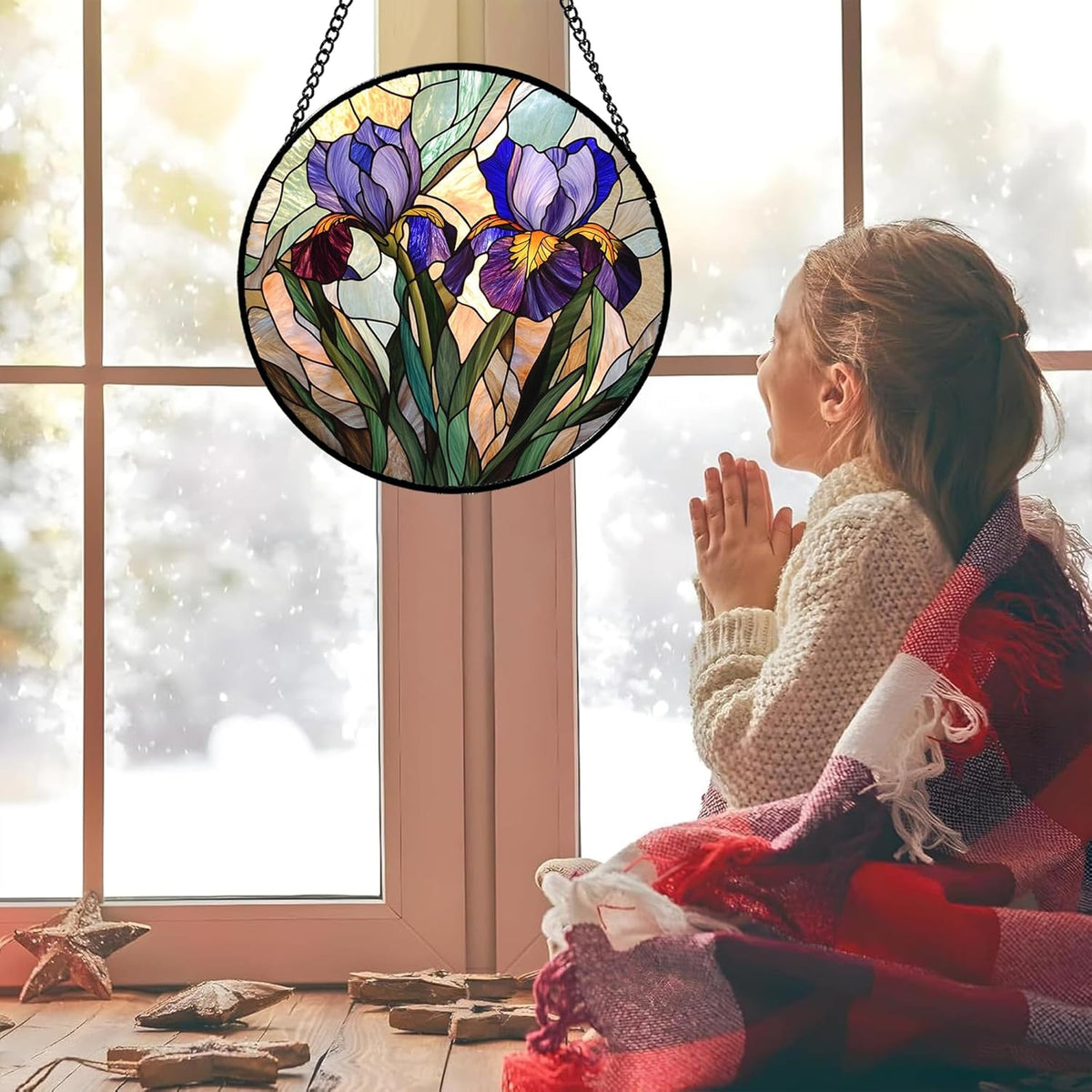 Stained Glass Window Hanging, Purple Blue Iris Birth Flower Suncatcher for Doors Garden Yard Sun