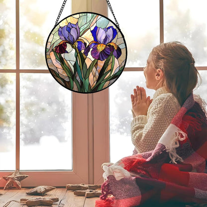 Stained Glass Window Hanging, Purple Blue Iris Birth Flower Suncatcher for Doors Garden Yard Sun