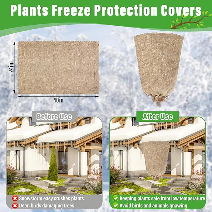 Riare 2 Packs 24 × 40 Inch Burlap Winter Plant Cover Bags with Drawstring- Reusable Large Burlap