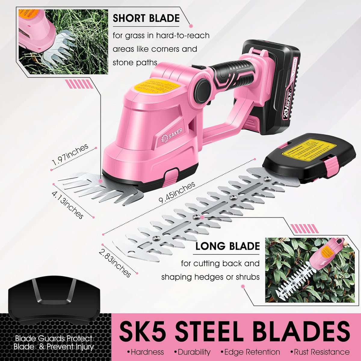 Saker Cordless Hedge Trimmer-20V Electric Shrub Trimmer Grass Shears Handheld Grass Cutter, Hedge