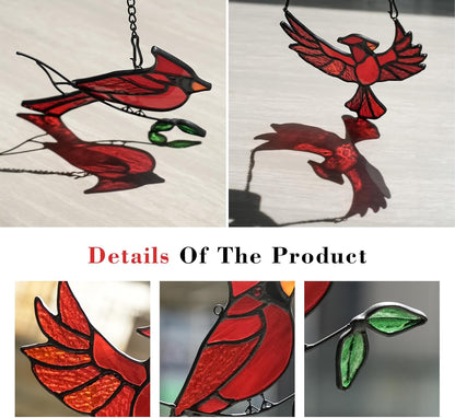 BOXCASA Cardinal Gfits Stained Glass Birds Window Hanging,Cardinal Handmade Ornament Stained Glass